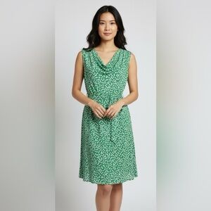 LOFT Green White Polka Dot Belted Sleeveless Cowl Neck Midi Dress Stretch Sz LP